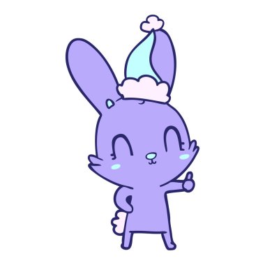 Parlak neon renkli Noel Baba şapkası takan bir tavşanın çizimi.