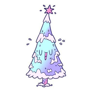 parlak neon renkli mutlu yüzlü karlı noel ağacı