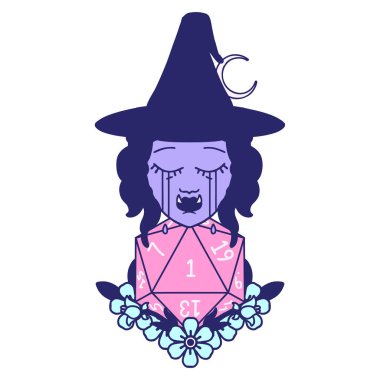 Retro Dövme Tarzı ağlama yarı ork cadı ve doğal bir D20 zar parlak neon rengi yuvarlama