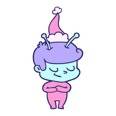 Dostane el çizimi çizimi, parlak neon renkli Noel Baba şapkası giyen bir uzay adamı.