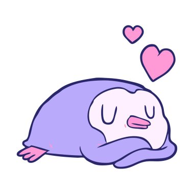 Parlak neon renkli aşk kalpleri olan penguen çizgi filmi