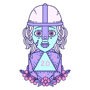 Retro Dövme Biçimi Parlak neon renkli doğal yirmi zarlı yarı ork savaşçı karakteri