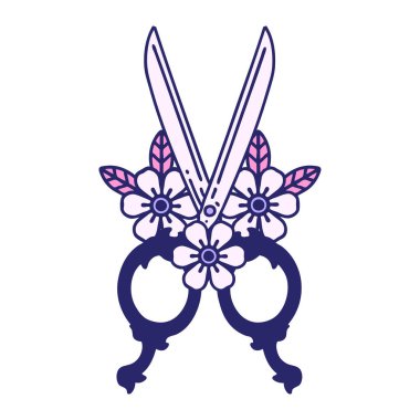 Berber makasının ve parlak neon renkli çiçeklerin ikonik dövme görüntüsü