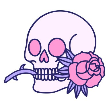 Bir kafatasının ikonik dövme şekli ve parlak neon rengi gül