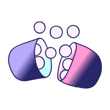 Açık ilaç tabletinin parlak neon renkli çizgi film çizimi