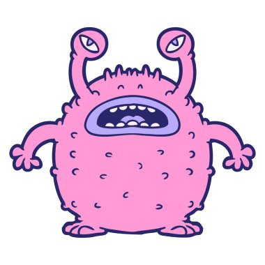 Huysuz çizgi film uzaylısı, parlak neon renkli.