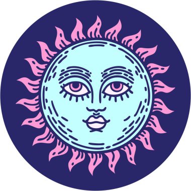 Yüzü parlak neon renkli bir güneşin ikonik dövme görüntüsü