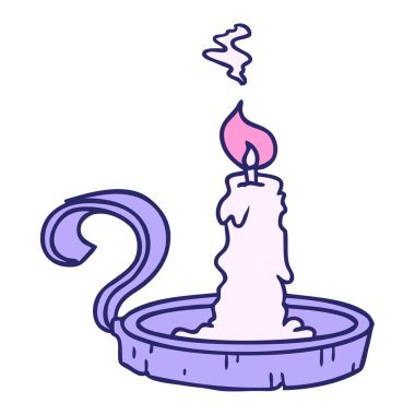 Bir mum tutacağının el çizimi karalaması ve parlak neon renkli bir mum.