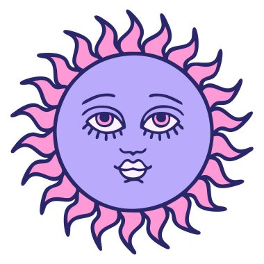 Yüzü parlak neon renkli bir güneşin ikonik dövme görüntüsü