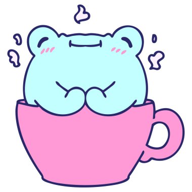 parlak neon renkli kahve fincanında oturan şirin bir kurbağanın çizgi filmi