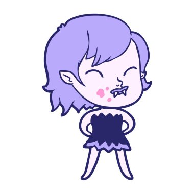 Yanağında parlak neon rengi kan olan vampir kız çizgi filmi.