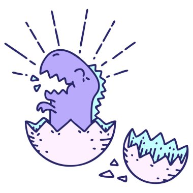 Parlak neon renginde yumurtadan çıkan dinozorun geleneksel dövme stili.