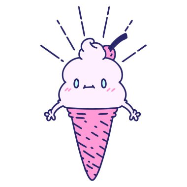 Parlak neon renkli geleneksel dövme stili dondurma karakterinin çizimi