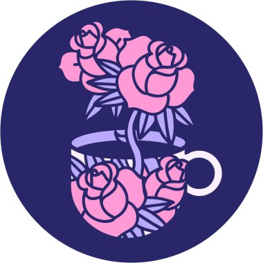 Bir fincanın ikonik dövme şekli ve parlak neon renkli çiçekler