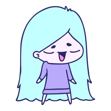 Şirin kawaii 'nin parlak neon renkli uzun saçlı kız karikatürü.