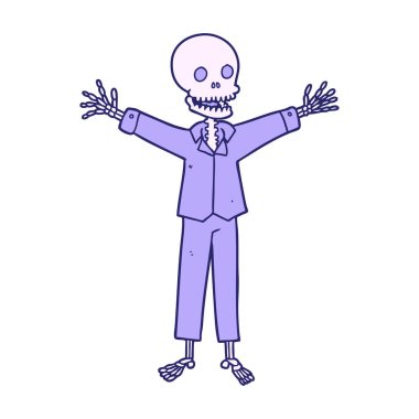 Çizgi film iskeleti parlak neon renkli pijamalar giyiyor.