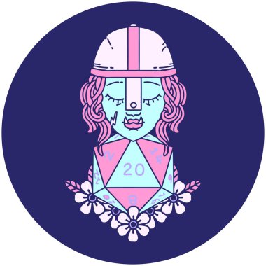 Retro Dövme Biçimi Parlak neon renkli doğal yirmi zarlı yarı ork savaşçı karakteri