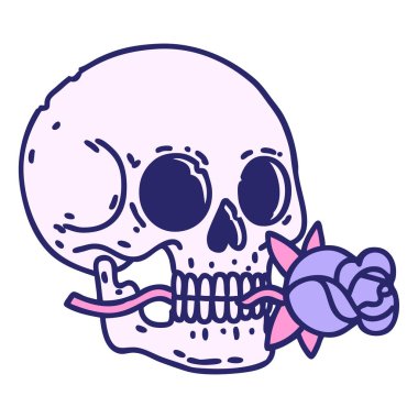 Bir kafatasının ikonik dövme şekli ve parlak neon rengi gül