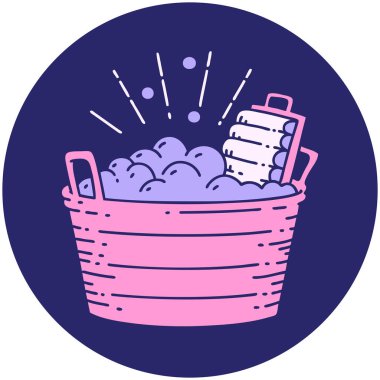 Dövme tarzının simgesi. Eski çamaşır tahtası ve parlak neon renkli fırçalama kabı.