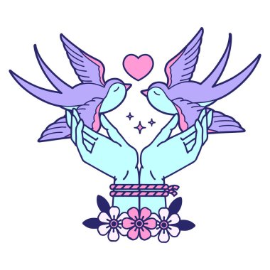 geleneksel stil dövme elleri bağlı ve parlak neon rengi yutuyor.