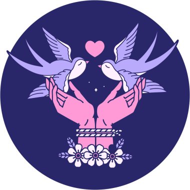 Elleri bağlı ve parlak neon rengi yutan ikonik dövme görüntüsü