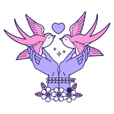 Elleri bağlı ve parlak neon rengi yutan ikonik dövme görüntüsü