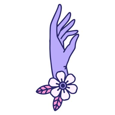 Parlak neon renkli bir el ve çiçeğin ikonik dövme şekli