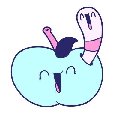 çizgi film solucanı parlak neon renginde mutlu elma