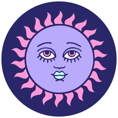 Yüzü parlak neon renkli bir güneşin ikonik dövme görüntüsü