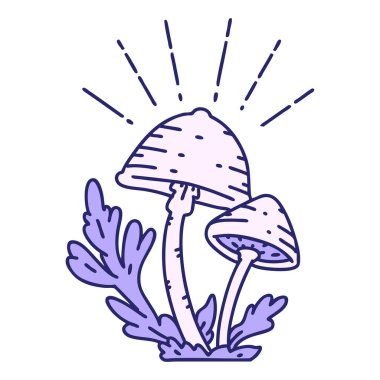 Parlak neon renkli geleneksel dövme mantarlarının çizimi