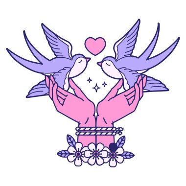 Elleri bağlı ve parlak neon rengi yutan ikonik dövme görüntüsü