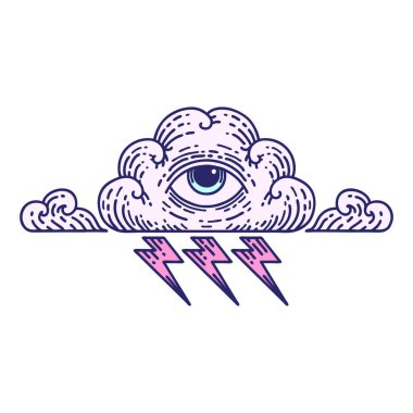 Her şeyi gören parlak neon renkli bir göz bulutu şeklinde geleneksel bir dövme