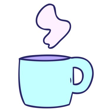 Parlak neon renkli dumanı tüten sıcak bir içeceğin el çizimi karikatürü.