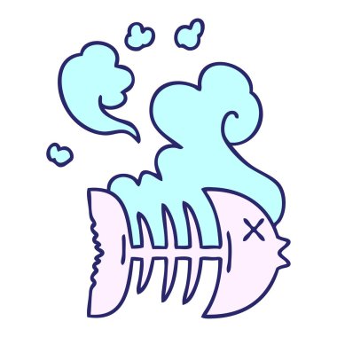 El çizimi garip çizgi film ölü balık parlak neon rengi