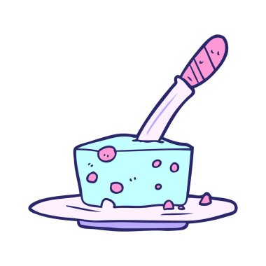 parlak neon renginde peynir bloğunda çizgi film bıçağı