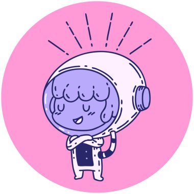 Parlak neon renkli astronot kıyafeti giymiş dövme stili bir kadının simgesi