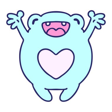 Parlak neon rengi aşık mutlu bir kurbağanın çizgi filmi.