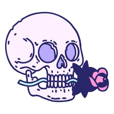 geleneksel kafatası şeklinde dövme ve parlak neon rengi gül.