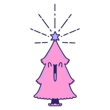 Parlak neon rengi yıldızlı geleneksel bir dövme yılbaşı ağacının çizimi