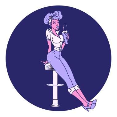 Geleneksel moda dövmeli, parlak neon renkli milkshake içen bir kız.