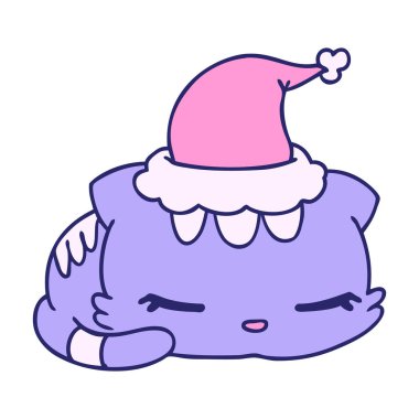 El çizimi kawaii kedisinin parlak neon renkli Noel karikatürü