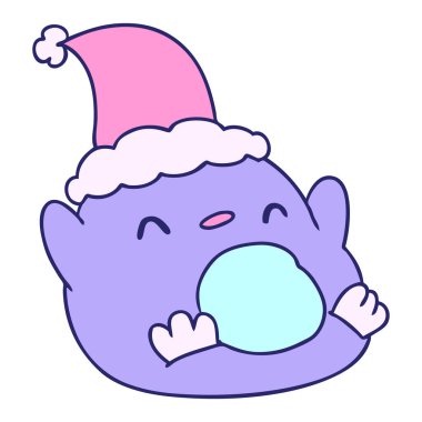 Kawaii pengueninin parlak neon renkli el çizimi Noel karikatürü