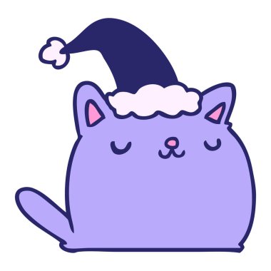 El çizimi kawaii kedisinin parlak neon renkli Noel karikatürü