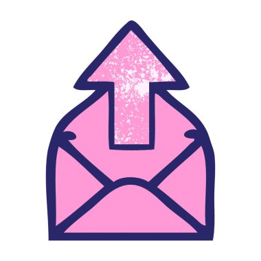 Parlak neon renkli oklu bir zarfın retro grunge desen karikatürü