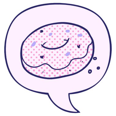 çizgi roman tarzında parlak neon renkli konuşma baloncukları serpiştirilmiş çizgi film donutu.