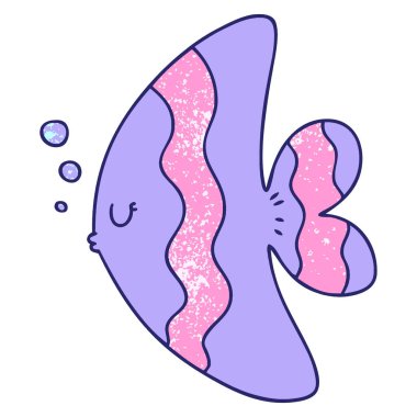 Parlak neon renkli el çizimi tuhaf karikatür balığı.