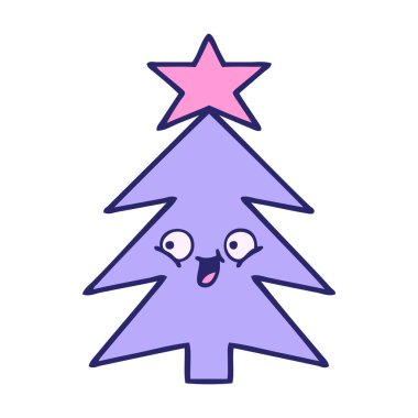 Parlak neon renkli şirin bir Noel ağacı karikatürü.