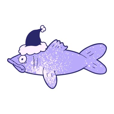 Parlak neon renkli Noel Baba şapkası takan bir balığın el çizimi karikatürü.