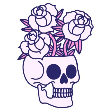 Parlak neon renkli kafatası ve güllerin ikonik dövme şekli