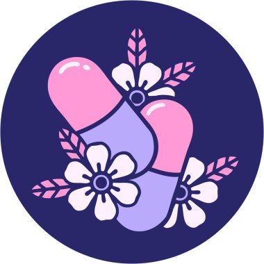 Parlak neon renkli hap ve çiçeklerin ikonik dövme görüntüsü